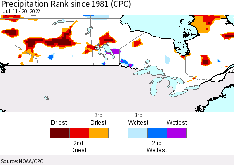 Canada Precipitation Rank since 1981 (CPC) Thematic Map For 7/11/2022 - 7/20/2022