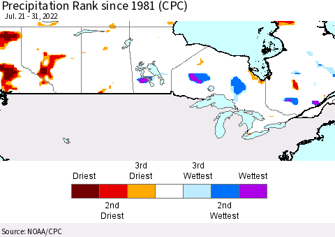 Canada Precipitation Rank since 1981 (CPC) Thematic Map For 7/21/2022 - 7/31/2022