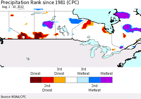 Canada Precipitation Rank since 1981 (CPC) Thematic Map For 8/1/2022 - 8/10/2022