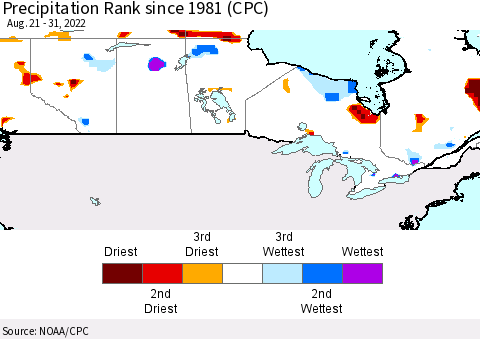 Canada Precipitation Rank since 1981 (CPC) Thematic Map For 8/21/2022 - 8/31/2022