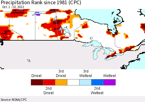 Canada Precipitation Rank since 1981 (CPC) Thematic Map For 10/1/2022 - 10/10/2022