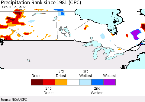 Canada Precipitation Rank since 1981 (CPC) Thematic Map For 10/11/2022 - 10/20/2022