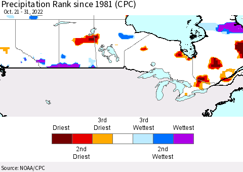 Canada Precipitation Rank since 1981 (CPC) Thematic Map For 10/21/2022 - 10/31/2022