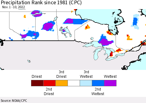 Canada Precipitation Rank since 1981 (CPC) Thematic Map For 11/1/2022 - 11/10/2022