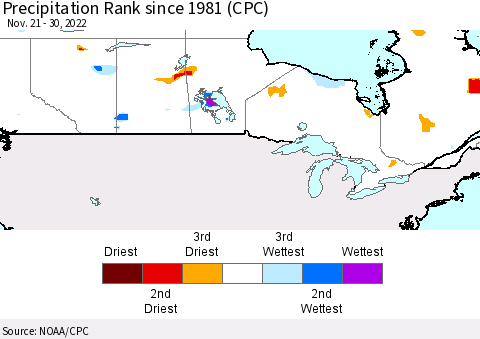 Canada Precipitation Rank since 1981 (CPC) Thematic Map For 11/21/2022 - 11/30/2022