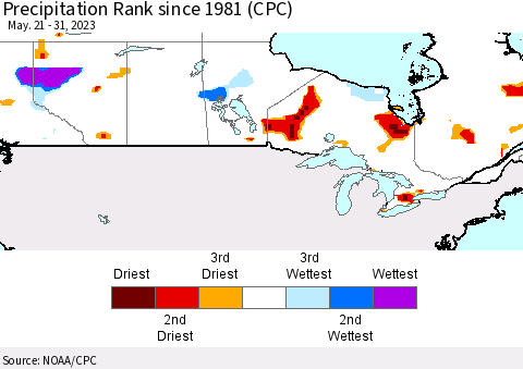 Canada Precipitation Rank since 1981 (CPC) Thematic Map For 5/21/2023 - 5/31/2023