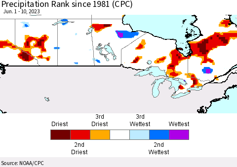 Canada Precipitation Rank since 1981 (CPC) Thematic Map For 6/1/2023 - 6/10/2023