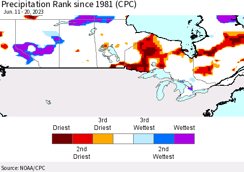 Canada Precipitation Rank since 1981 (CPC) Thematic Map For 6/11/2023 - 6/20/2023