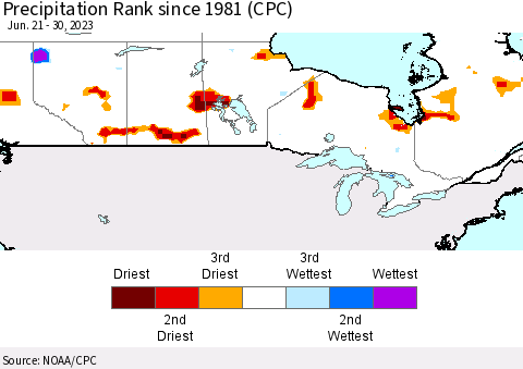 Canada Precipitation Rank since 1981 (CPC) Thematic Map For 6/21/2023 - 6/30/2023