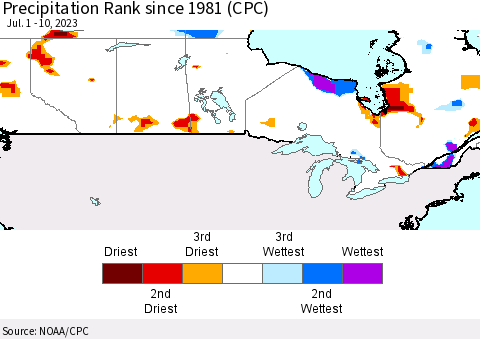 Canada Precipitation Rank since 1981 (CPC) Thematic Map For 7/1/2023 - 7/10/2023