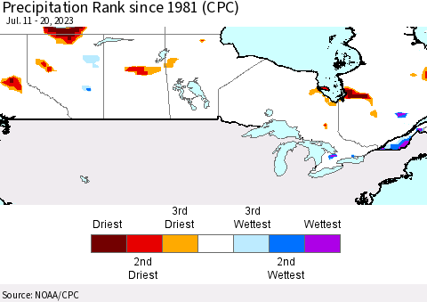 Canada Precipitation Rank since 1981 (CPC) Thematic Map For 7/11/2023 - 7/20/2023