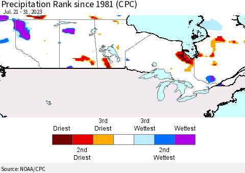 Canada Precipitation Rank since 1981 (CPC) Thematic Map For 7/21/2023 - 7/31/2023