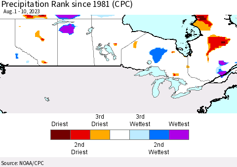 Canada Precipitation Rank since 1981 (CPC) Thematic Map For 8/1/2023 - 8/10/2023