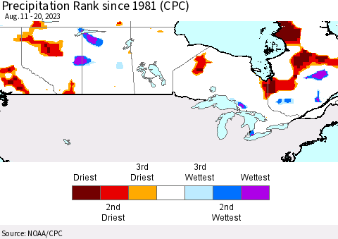 Canada Precipitation Rank since 1981 (CPC) Thematic Map For 8/11/2023 - 8/20/2023