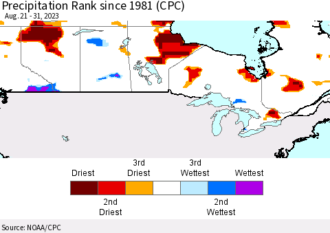 Canada Precipitation Rank since 1981 (CPC) Thematic Map For 8/21/2023 - 8/31/2023