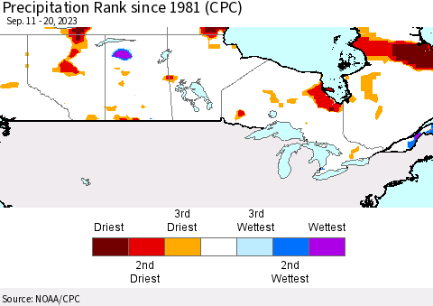 Canada Precipitation Rank since 1981 (CPC) Thematic Map For 9/11/2023 - 9/20/2023
