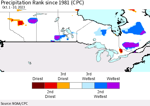 Canada Precipitation Rank since 1981 (CPC) Thematic Map For 10/1/2023 - 10/10/2023