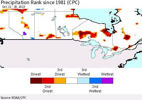 Canada Precipitation Rank since 1981 (CPC) Thematic Map For 10/11/2023 - 10/20/2023
