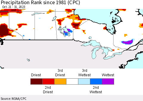 Canada Precipitation Rank since 1981 (CPC) Thematic Map For 10/21/2023 - 10/31/2023