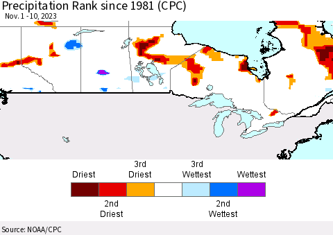 Canada Precipitation Rank since 1981 (CPC) Thematic Map For 11/1/2023 - 11/10/2023