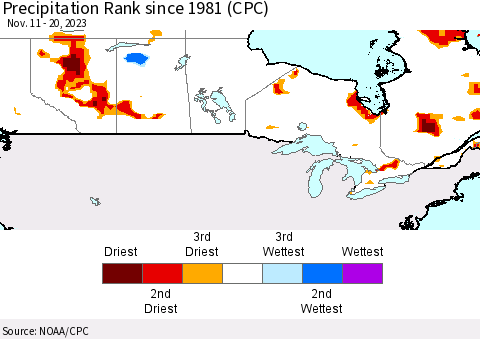 Canada Precipitation Rank since 1981 (CPC) Thematic Map For 11/11/2023 - 11/20/2023
