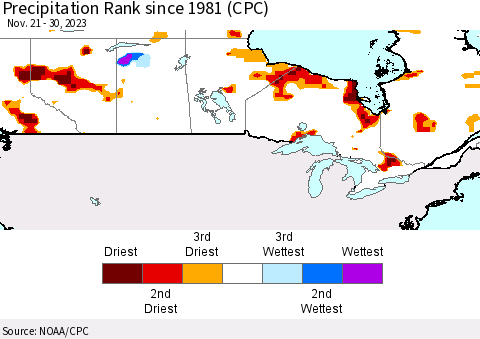 Canada Precipitation Rank since 1981 (CPC) Thematic Map For 11/21/2023 - 11/30/2023