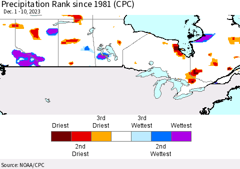 Canada Precipitation Rank since 1981 (CPC) Thematic Map For 12/1/2023 - 12/10/2023