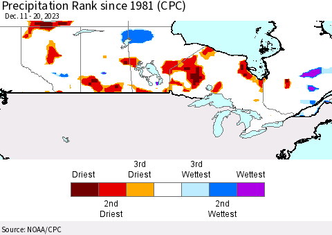 Canada Precipitation Rank since 1981 (CPC) Thematic Map For 12/11/2023 - 12/20/2023