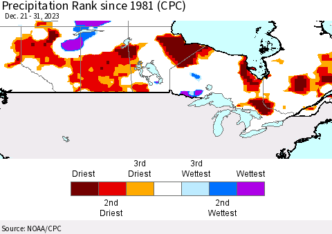 Canada Precipitation Rank since 1981 (CPC) Thematic Map For 12/21/2023 - 12/31/2023