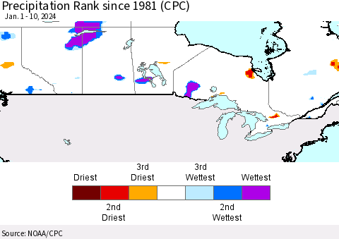 Canada Precipitation Rank since 1981 (CPC) Thematic Map For 1/1/2024 - 1/10/2024