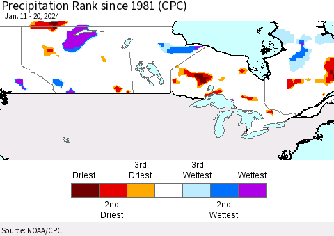 Canada Precipitation Rank since 1981 (CPC) Thematic Map For 1/11/2024 - 1/20/2024