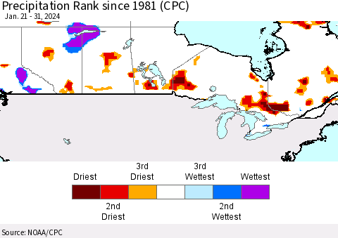 Canada Precipitation Rank since 1981 (CPC) Thematic Map For 1/21/2024 - 1/31/2024