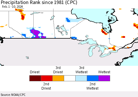Canada Precipitation Rank since 1981 (CPC) Thematic Map For 2/1/2024 - 2/10/2024