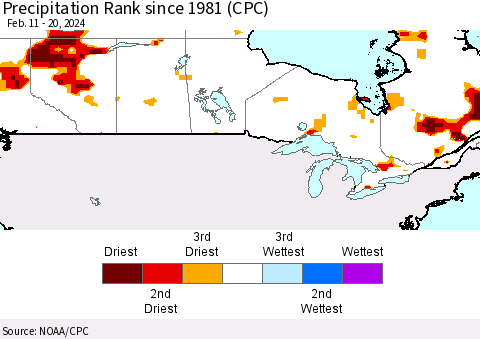 Canada Precipitation Rank since 1981 (CPC) Thematic Map For 2/11/2024 - 2/20/2024