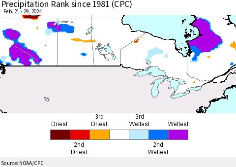 Canada Precipitation Rank since 1981 (CPC) Thematic Map For 2/21/2024 - 2/29/2024