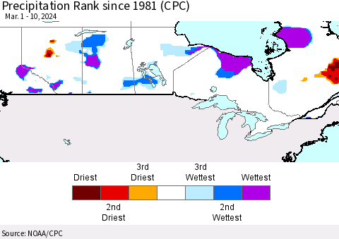 Canada Precipitation Rank since 1981 (CPC) Thematic Map For 3/1/2024 - 3/10/2024