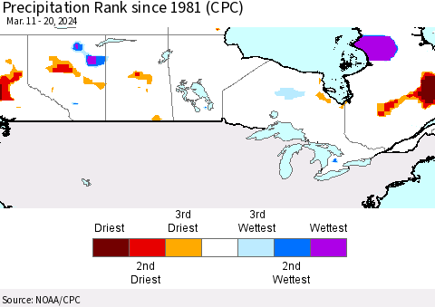 Canada Precipitation Rank since 1981 (CPC) Thematic Map For 3/11/2024 - 3/20/2024