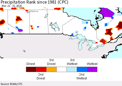 Canada Precipitation Rank since 1981 (CPC) Thematic Map For 3/21/2024 - 3/31/2024