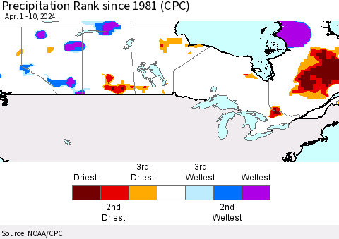 Canada Precipitation Rank since 1981 (CPC) Thematic Map For 4/1/2024 - 4/10/2024