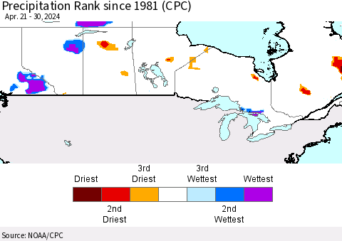 Canada Precipitation Rank since 1981 (CPC) Thematic Map For 4/21/2024 - 4/30/2024