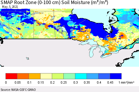 Canada SMAP Root Zone (0-100 cm) Soil Moisture (m³/m³) Thematic Map For 5/1/2021 - 5/5/2021