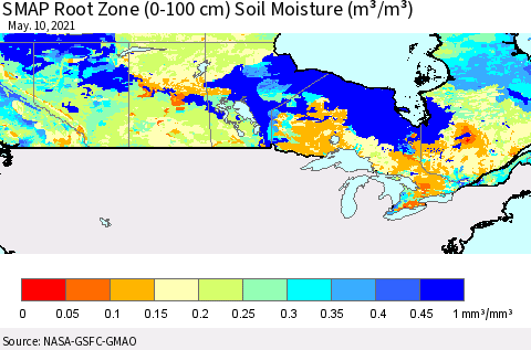 Canada SMAP Root Zone (0-100 cm) Soil Moisture (m³/m³) Thematic Map For 5/6/2021 - 5/10/2021