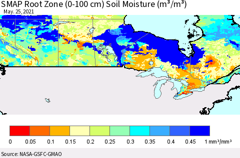 Canada SMAP Root Zone (0-100 cm) Soil Moisture (m³/m³) Thematic Map For 5/21/2021 - 5/25/2021