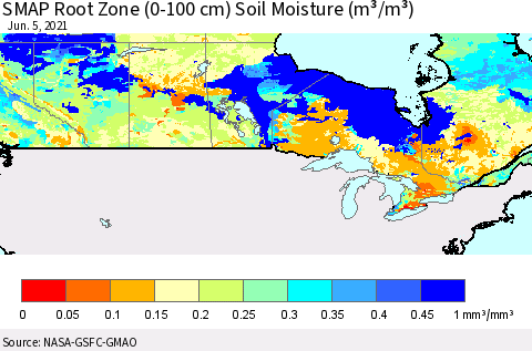 Canada SMAP Root Zone (0-100 cm) Soil Moisture (m³/m³) Thematic Map For 6/1/2021 - 6/5/2021