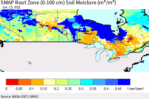 Canada SMAP Root Zone (0-100 cm) Soil Moisture (m³/m³) Thematic Map For 6/11/2021 - 6/15/2021