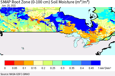 Canada SMAP Root Zone (0-100 cm) Soil Moisture (m³/m³) Thematic Map For 6/16/2021 - 6/20/2021
