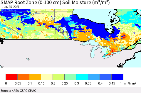 Canada SMAP Root Zone (0-100 cm) Soil Moisture (m³/m³) Thematic Map For 6/21/2021 - 6/25/2021