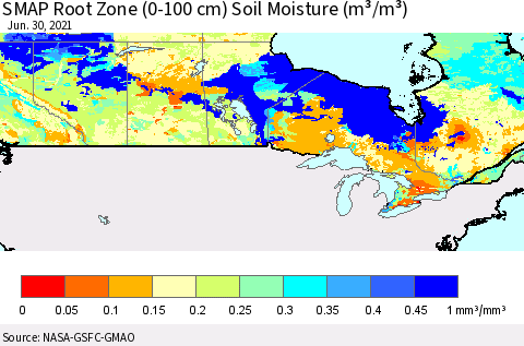Canada SMAP Root Zone (0-100 cm) Soil Moisture (m³/m³) Thematic Map For 6/26/2021 - 6/30/2021