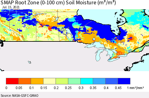 Canada SMAP Root Zone (0-100 cm) Soil Moisture (m³/m³) Thematic Map For 7/11/2021 - 7/15/2021