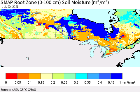 Canada SMAP Root Zone (0-100 cm) Soil Moisture (m³/m³) Thematic Map For 7/16/2021 - 7/20/2021